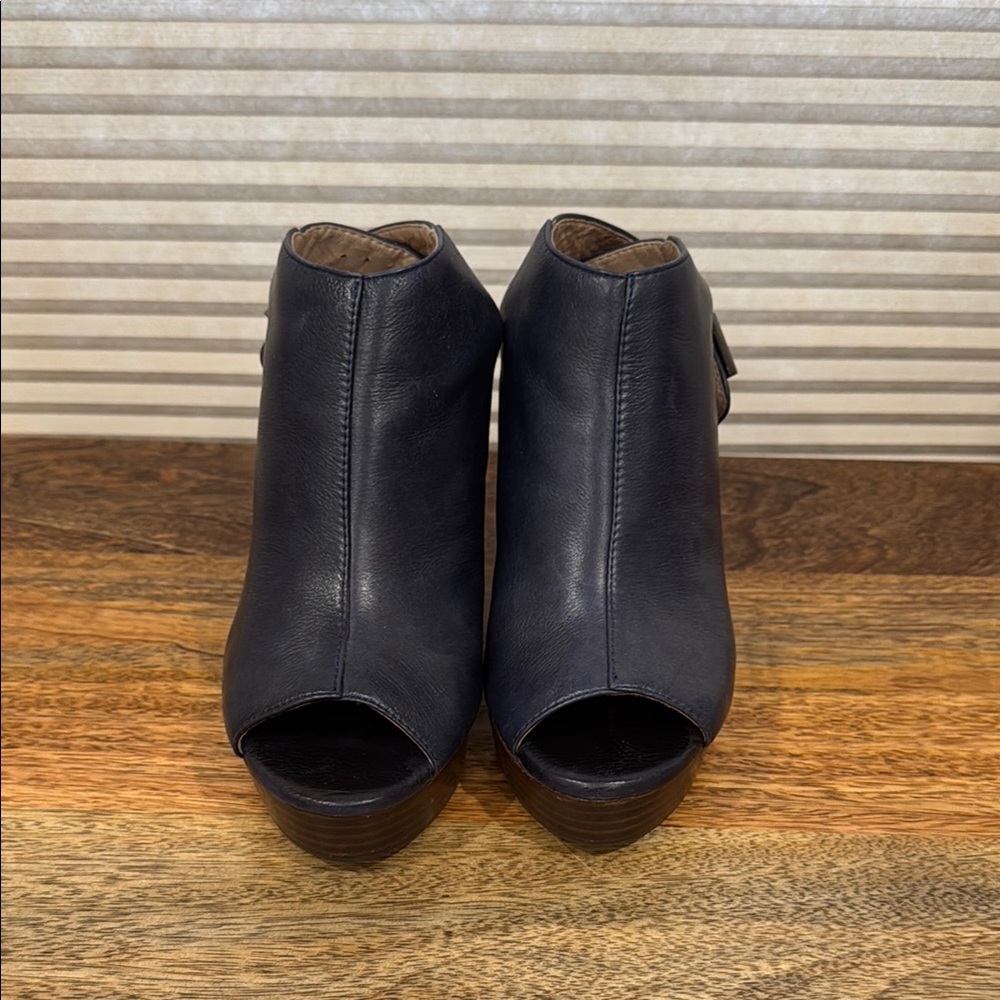 Women's Navy Peep-Toe Wedge Shoes